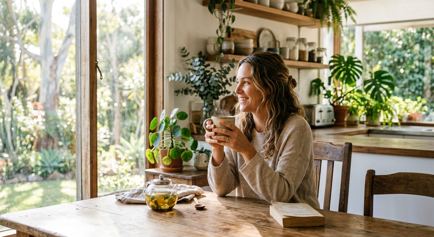 Woman enjoying herbal tea at a bright kitchen table with morning sunlight