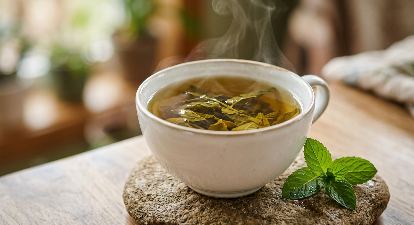 Close-up of brewed herbal tea in a cup