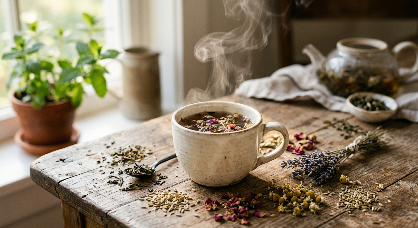 Freshly brewed herbal tea with steam rising, surrounded by dried herbs